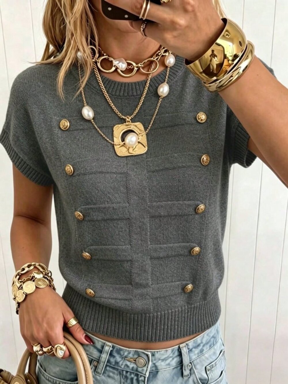 Dark Grey Casual Women's Gold Button Plain Loose Batwing Sleeve Pullover